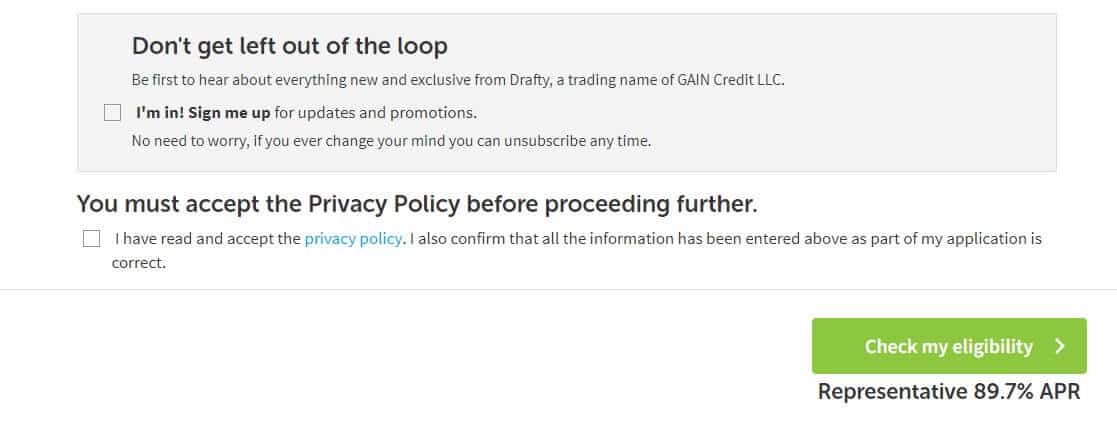 Privacy policy section of Drafty loans