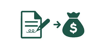 a pen signing a document with an arrow to a money bag